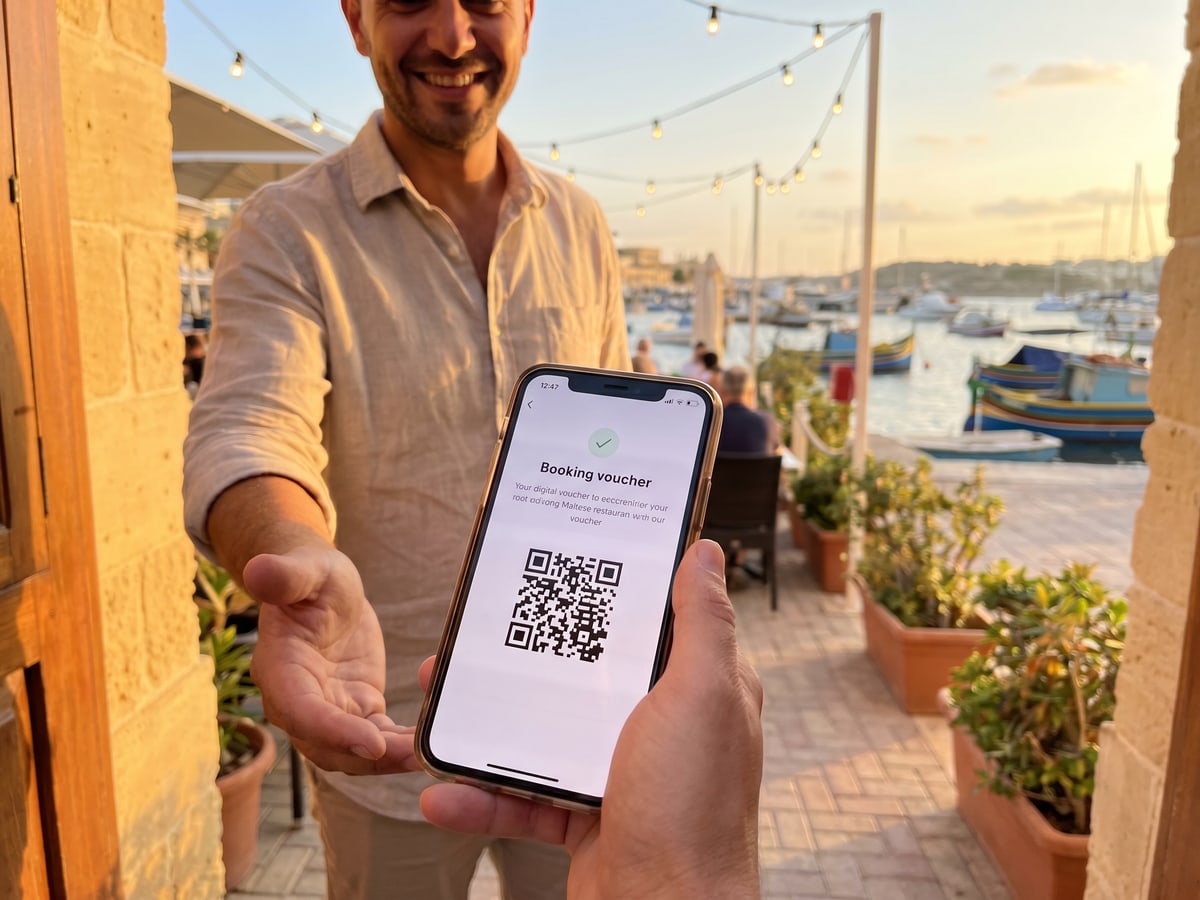 A guest showing their Bidla booking voucher and QR code on a phone to a smiling restaurant host on a Maltese terrace